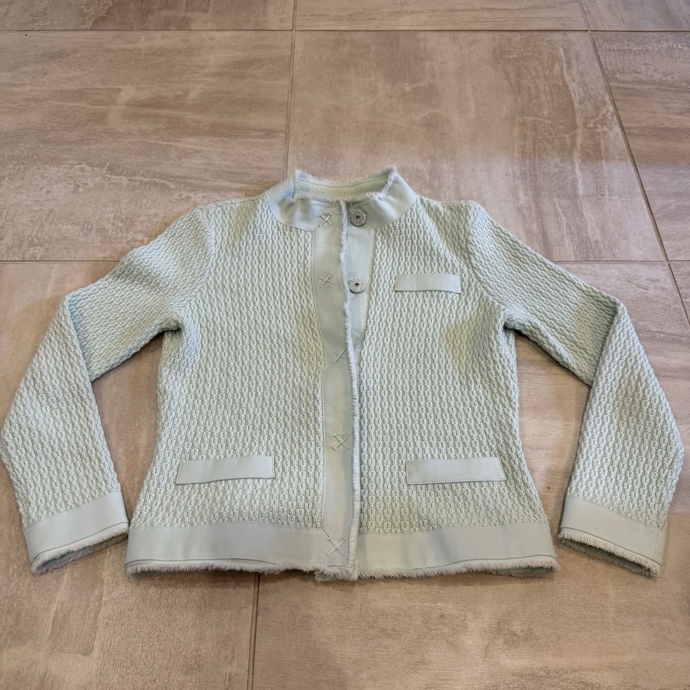 Vintage TALBOTS Sweater Mint Sage Green Button‎ Up Cardigan Cable Knit Petite